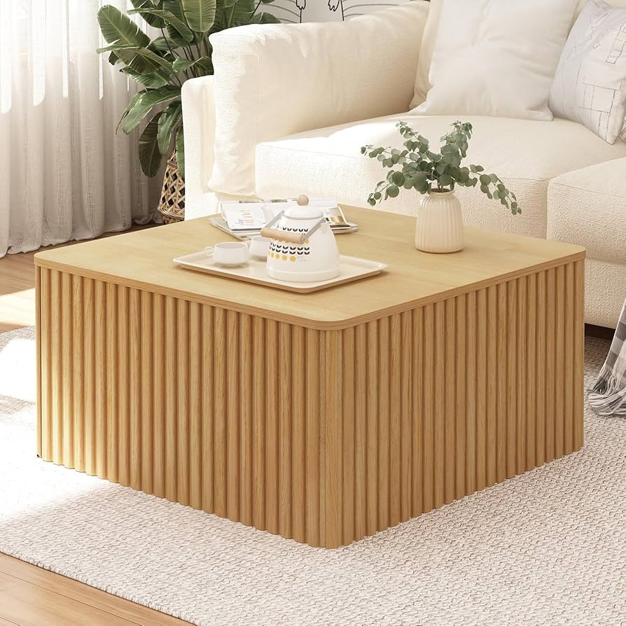 Fluted Square Coffee Table with Storage-Large Wood Center Table with Solid Wood Veneer Top, Mid C... | Amazon (US)