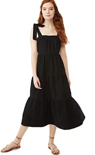 Women's Tie Shoulder Tiered Maxi Dress Black Small - Walmart.com | Walmart (US)