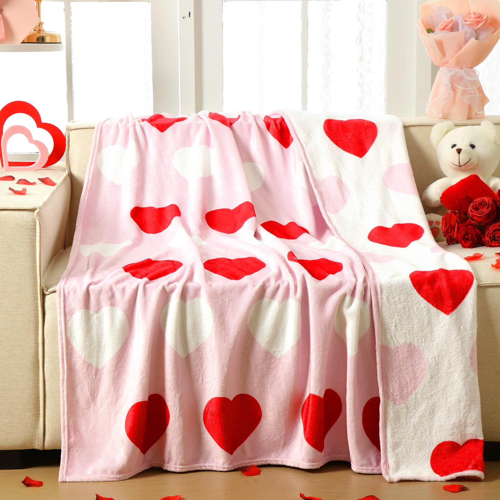 Valentine's Day Throw Blanket Double Sided Pink Heart Fuzzy Blanket Romantic Love Cozy Soft Flann... | Amazon (US)