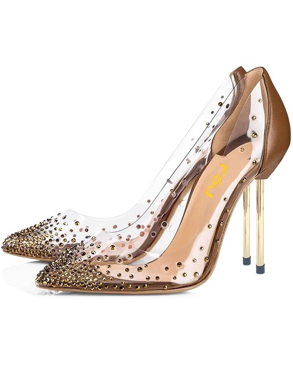 FSJ Women Studded Pointed Toe Transparent Pumps High Heels Shoes with Cute Bowknot US Size 4-15 M | Amazon (US)