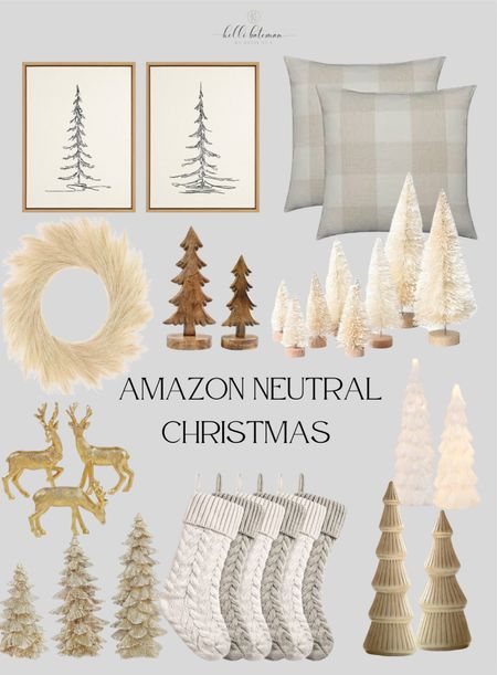 Neutral Christmas decorations from Amazon. Tree figurines, knit stockings, gingham pillows, modern art, reindeer figurines, pampas wreath.  

#LTKHoliday #LTKhome #LTKSeasonal