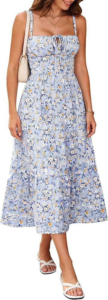 Women's Casual Beach Vacation Dress with Pockets Flowy Aline Tiered Spaghetti Strap Lace Up Corse... | Amazon (US)