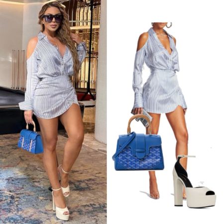 Larsa Pippen’s Blue and White Striped Cold Shoulder Shirt Dress, Blue Purse and Platforms