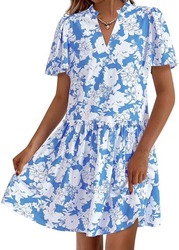 BTFBM Women Summer Dresses 2025 Short Sleeve V Neck Tiered Ruffle Boho Swing Dress A-Line Floral ... | Amazon (US)