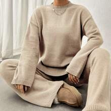 Solid Color Drop Shoulder Sweater And Knitted Pants Two Piece Set | SHEIN