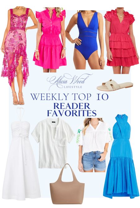 Top 10 Weekly Reader Favorites

Pink floral midi dress with sheer detail and slit from Revolve
Hot pink mini dress with ruffle and button detail 
Blue one piece swimsuit with plunging neckline 
Red mini dress with ruffle detail
White versatile sundress with tie neck and waist detail from Veronica Beard 
Basic lightweight white v-neck top
Lightweight white top with v-neck, bubble sleeves and colorful embroidered detail
Blue midi high low dress 
Tan neutral everyday Cuyana tote 
Beige raffia sandals for summer 

#LTKFind #LTKSeasonal #LTKswim