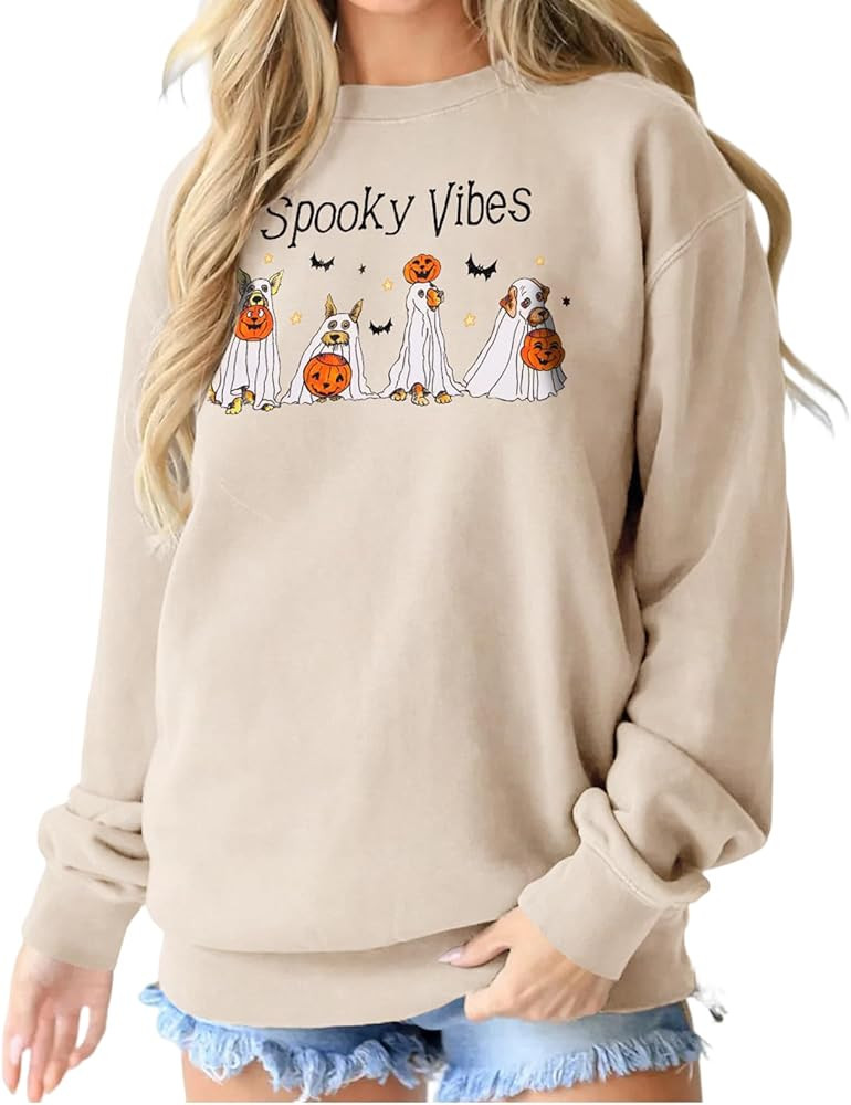 Halloween Ghost Dog Sweatshirt Womens Crewneck Doggy Pumpkin Oversized Tops Spooky Vibes Pullover... | Amazon (US)