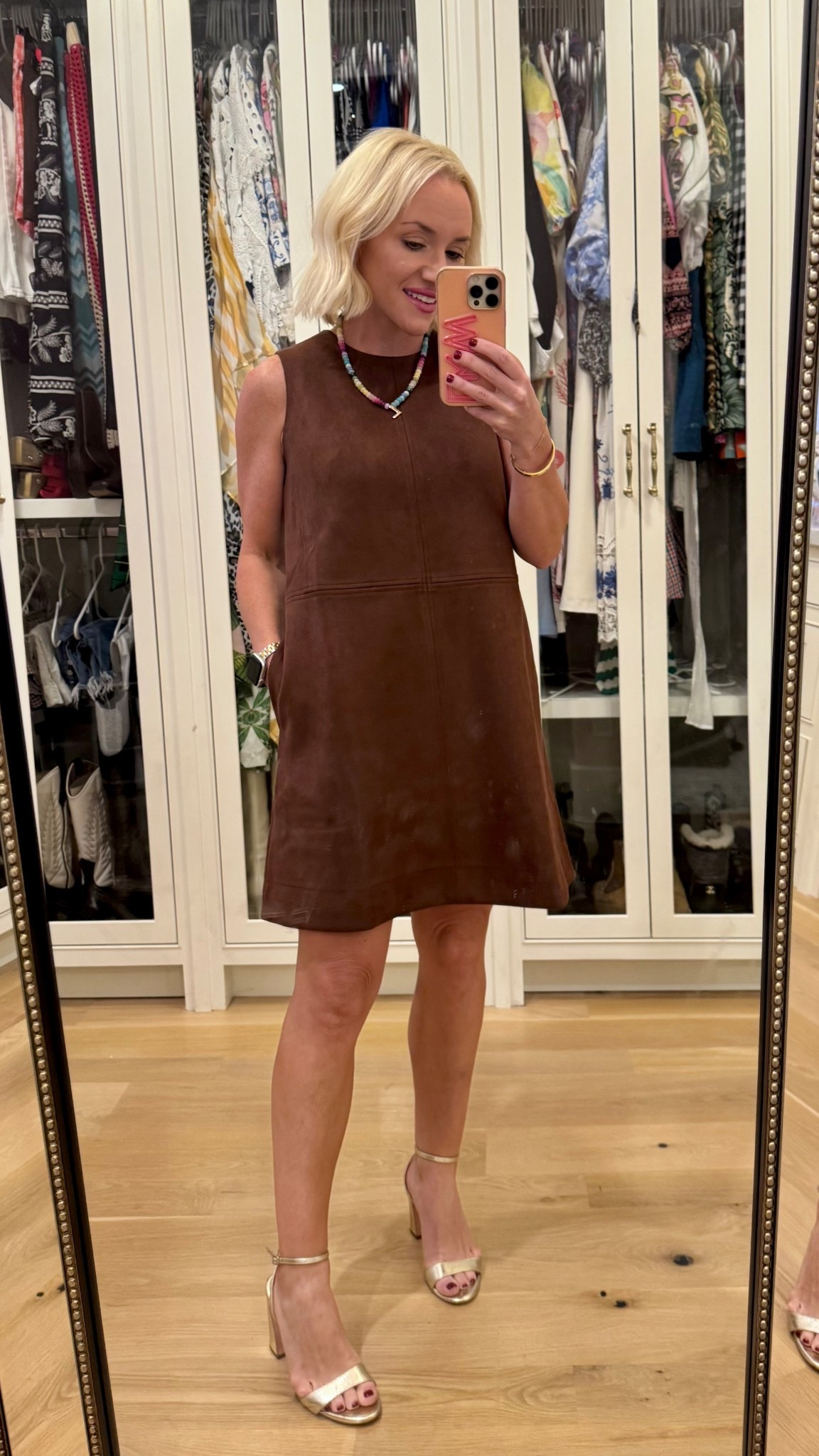 Brown suede tuckernuck dress size XS. Loeffler Randall gold heels. Baublebar monogram necklace. Fall look. Fall style. Petite style. Party look. Work look 

#LTKParties #LTKPetite #LTKSeasonal