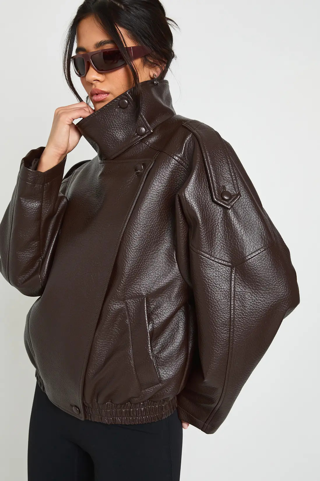 Chocolate Faux Leather Funnel Neck Jacket | Boohoo USA | boohoo (US & Canada)