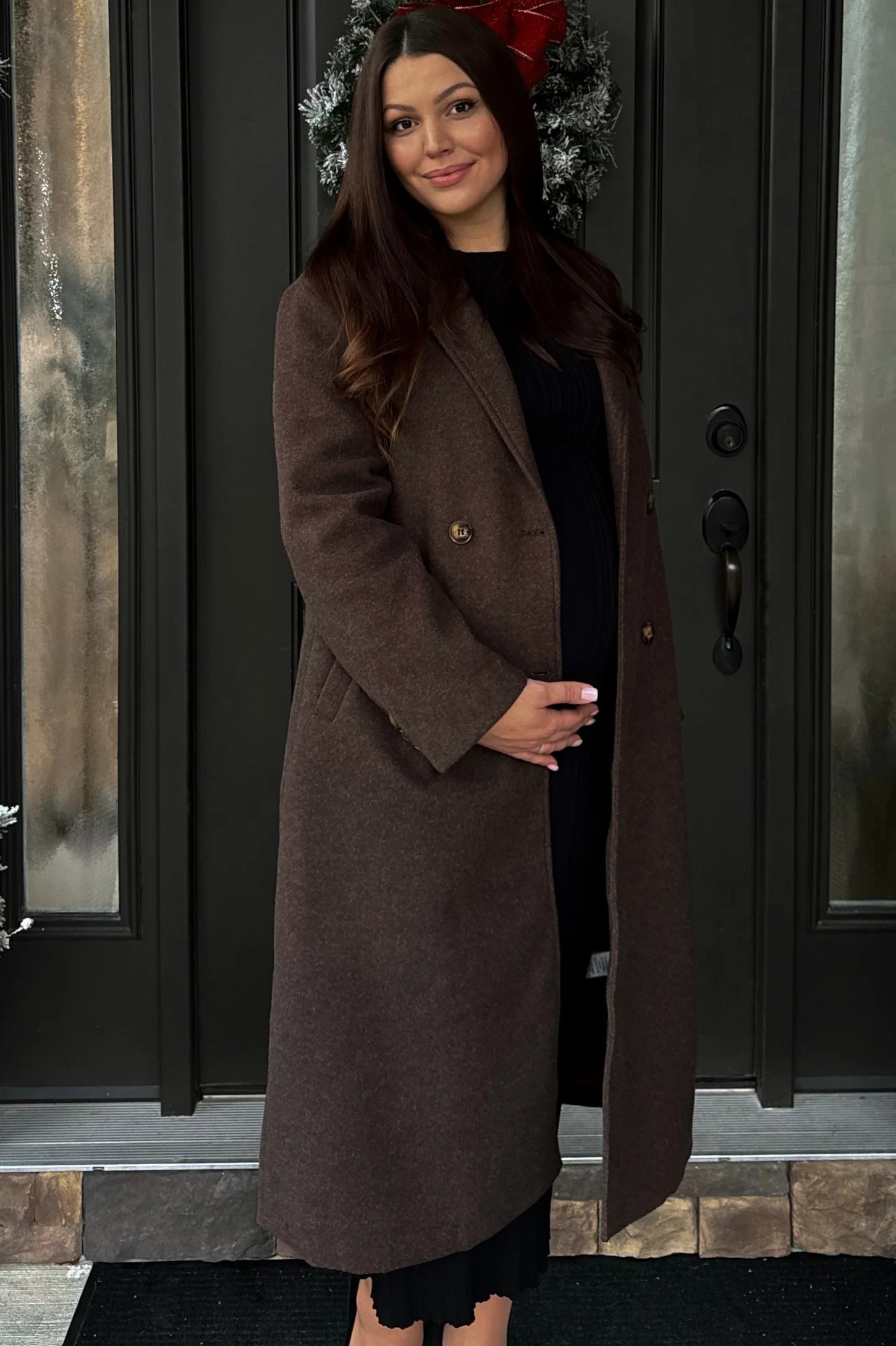 Brown Felted Double Breasted Lapel Maternity Button Coat | PinkBlush Maternity