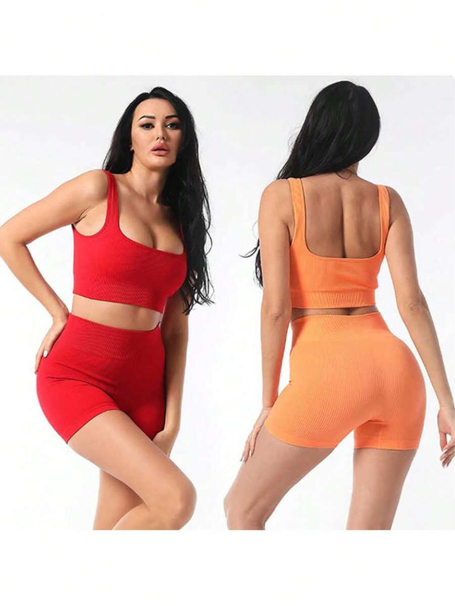 LocalWomen's Ribbed Seamless Sports Bra And Shorts Set, 2-Piece Yoga Workout Outfit, Stretchy Fit... | SHEIN