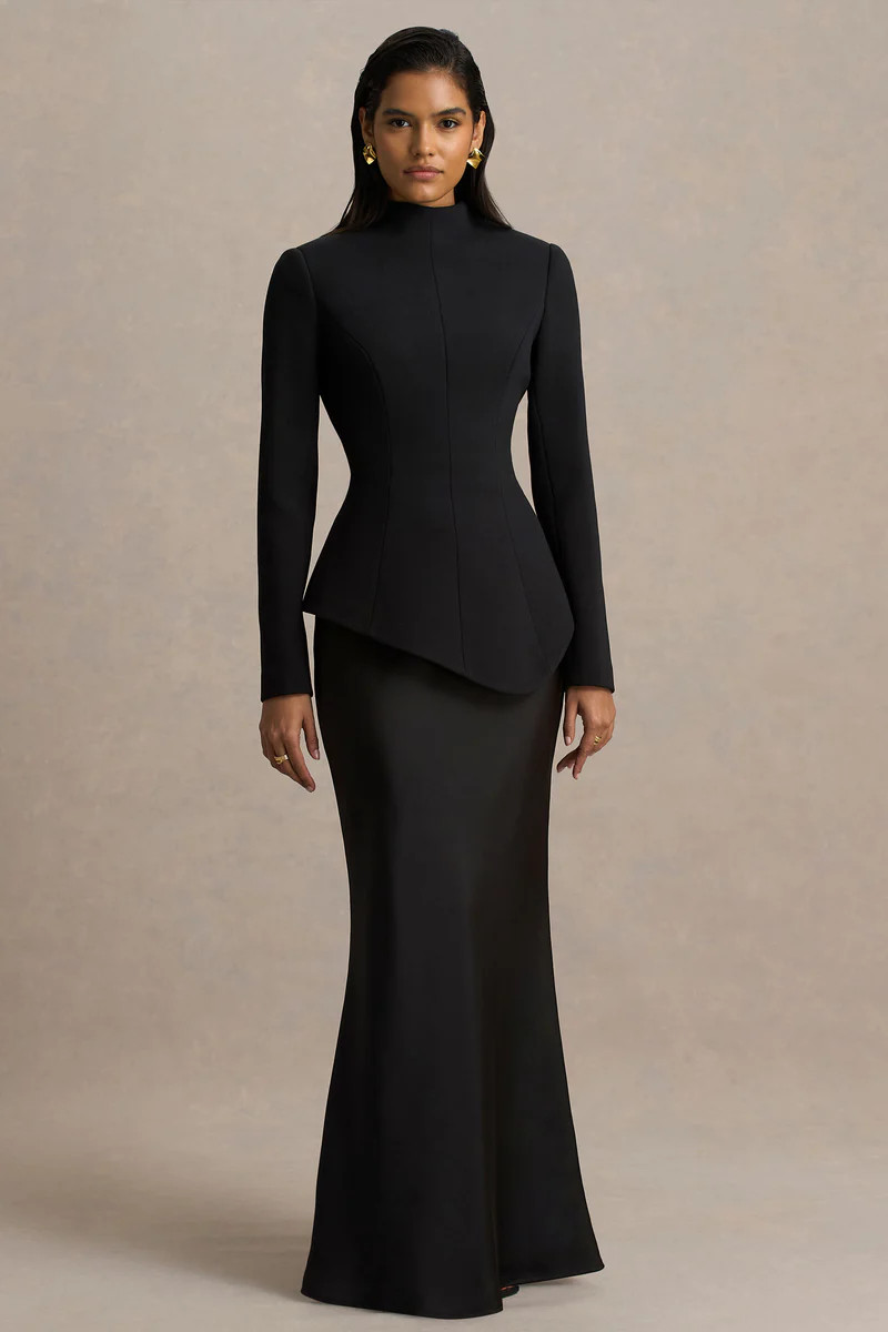 Pepita  Black High-Neck Tailored Maxi Dress With Drop-Waist And Satin Skirt | Club L London