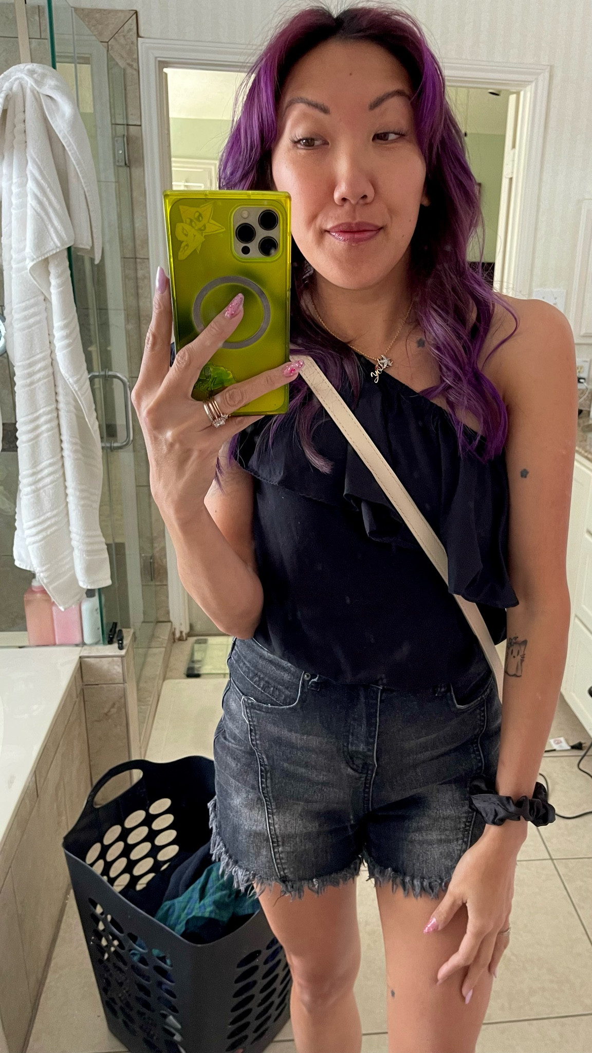 All black everything, except my hair color and this neon square phone case so I don’t lose it! I love this clear phone case so much I’ve repurchased it multiple times for different phones that it has protected from many drops! Trendy and fun in clear lime green or neon color of your choice. 

I have also linked the round circle crossbody bag, the perfect bag for this or any other summer outfit. And the flexstyle auto wrap hair styler curling iron hair dryer combo that I used to style my purple hair. Semi permanent hair color, fashion haircolor

#LTKSeasonal #LTKBeauty #LTKStyleTip