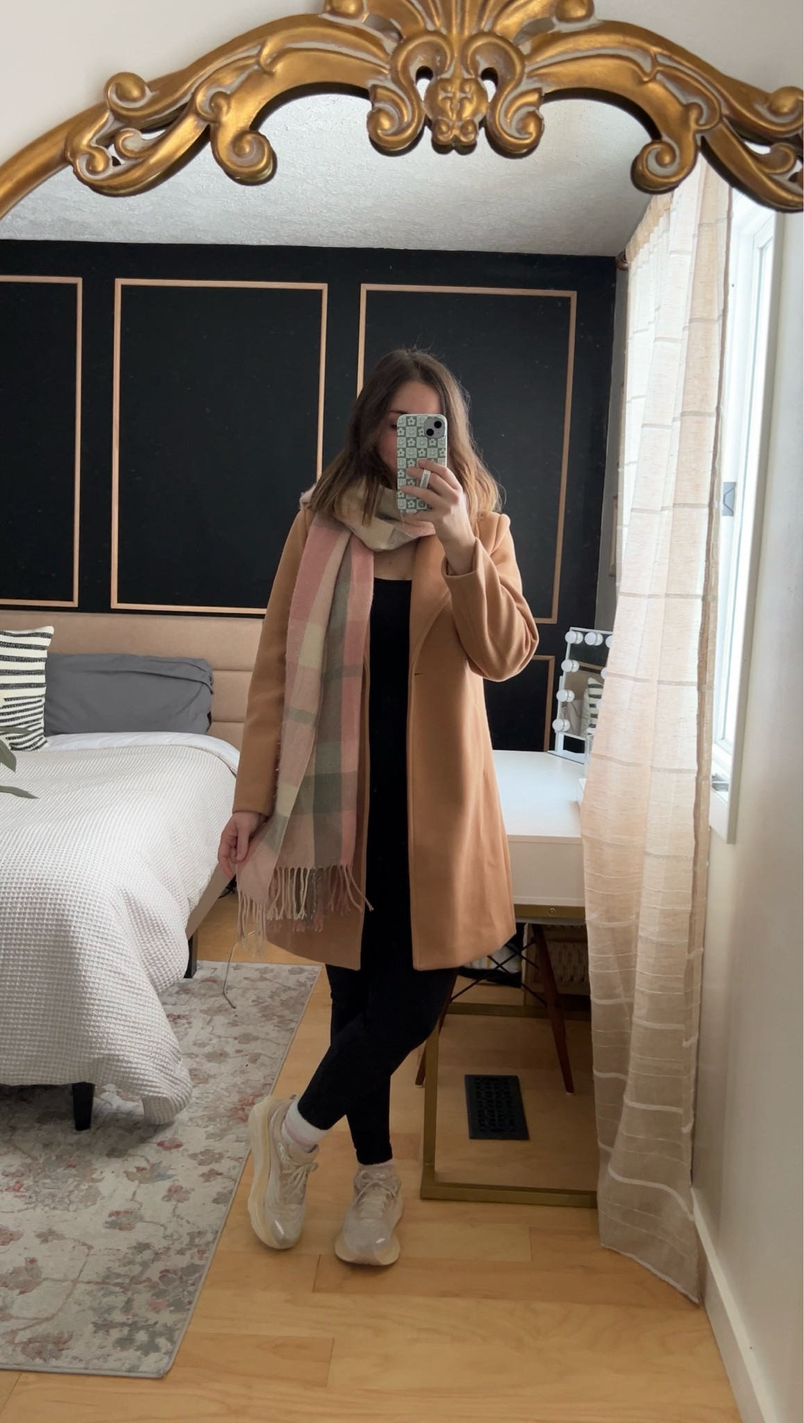 Cozy winter outfit, black one piece jumpsuit for women. Camel Wool Amazon coat, large pink scarf. Layering for the cold 🤍❄️