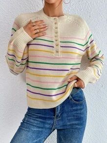 Stripe Pattern Half Button Raglan Sleeve Sweater SKU: sw2205273339366671(45 Reviews)$17.49$16.62J... | SHEIN