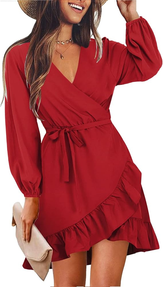 Womens Short/Long Sleeve Dress Wrap V Neck Ruffle Hem Mini Summer Fall Dresses | Amazon (US)