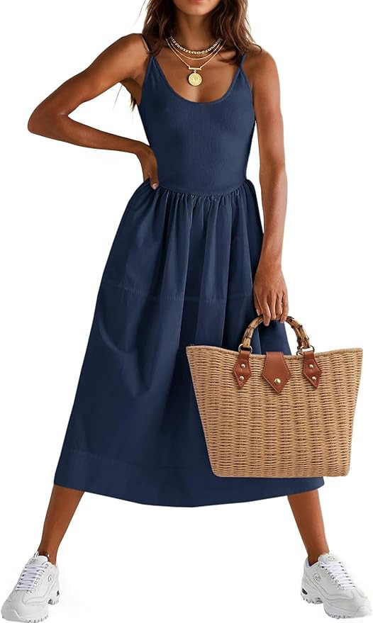 Fisoew Womens Spaghetti Strap Dress V Neck Backless Summer Casual A Line Cami Dress with Pocket | Amazon (US)