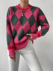 Argyle Pattern Striped Trim Drop Shoulder Sweater
   SKU: sw2207268808880888      
          (2 R... | SHEIN