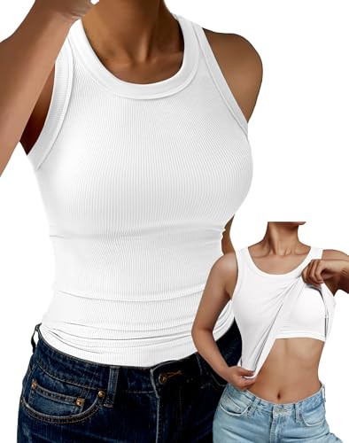 GKBK Tank Top for Women Built in Bra High Neck Ribbed Basics Tops Racerback Fitted Bra Tanks White S | Amazon (US)