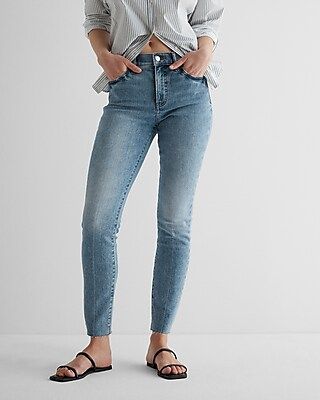 High Waisted Light Wash Raw Hem 90s Skinny Jeans | Express