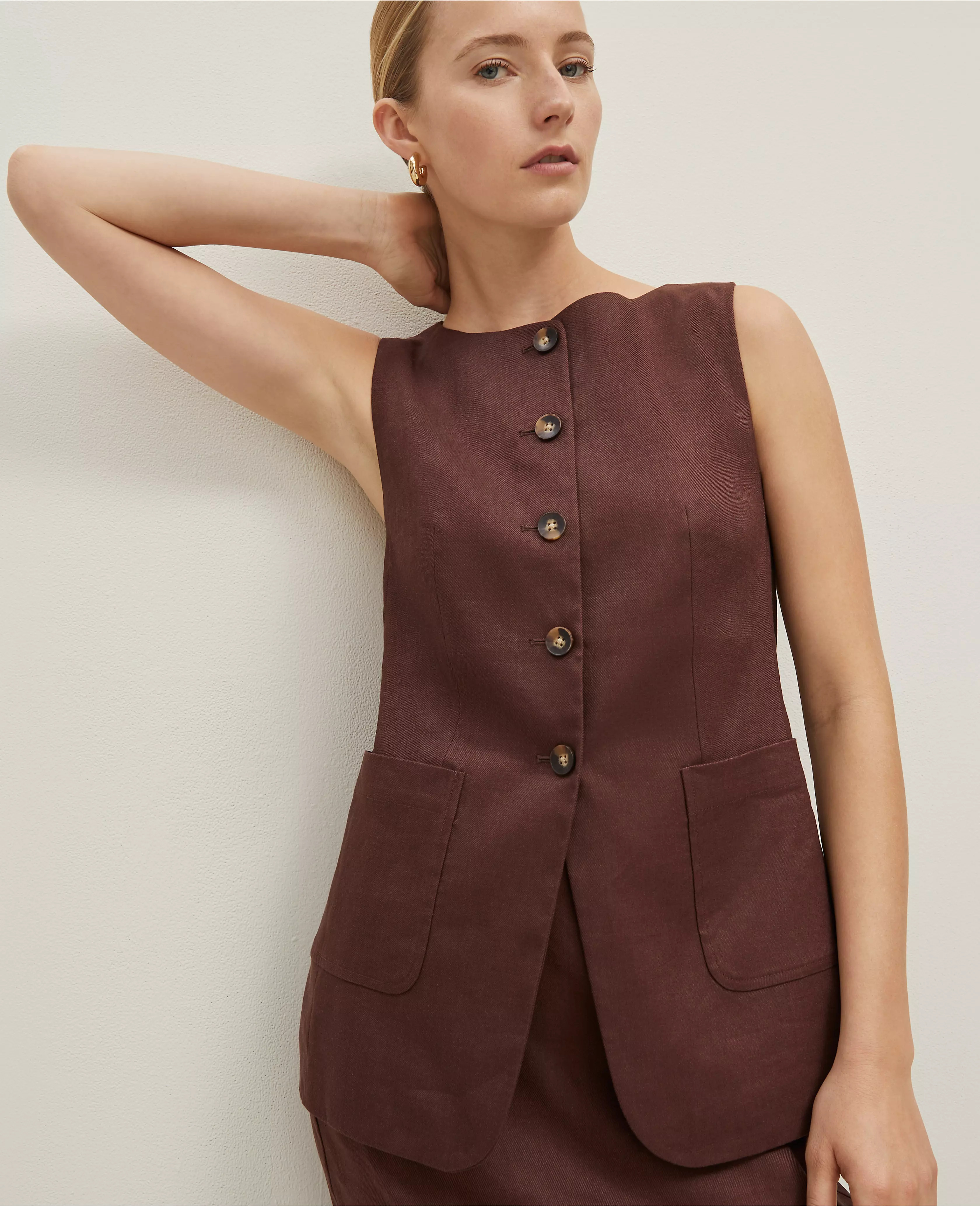 The Petite Long Crew Neck Vest in Linen Twill | Ann Taylor