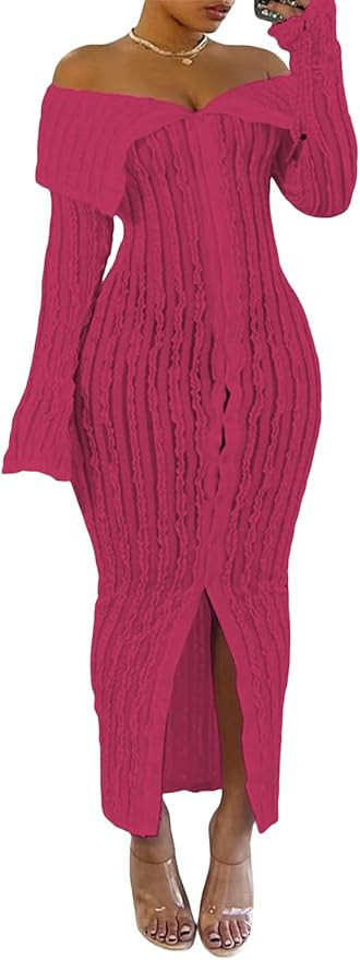 XZLUFNY Off The Shoulder Dress for Women Long Sleeve Button Down Bodycon Dresses | Amazon (US)