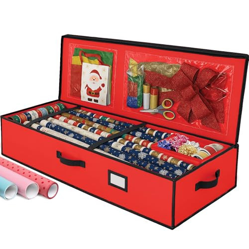 Christmas Wrapping Paper Organizer Storage Box, Straps/Pockets, 40" Heavy-Duty Gift Wrap Storage Holder for Bags, Bows, Tags, Ribbons, Holiday Decorations, Fits Up to 24 Rolls Underbed Container (Red) | Amazon (US)
