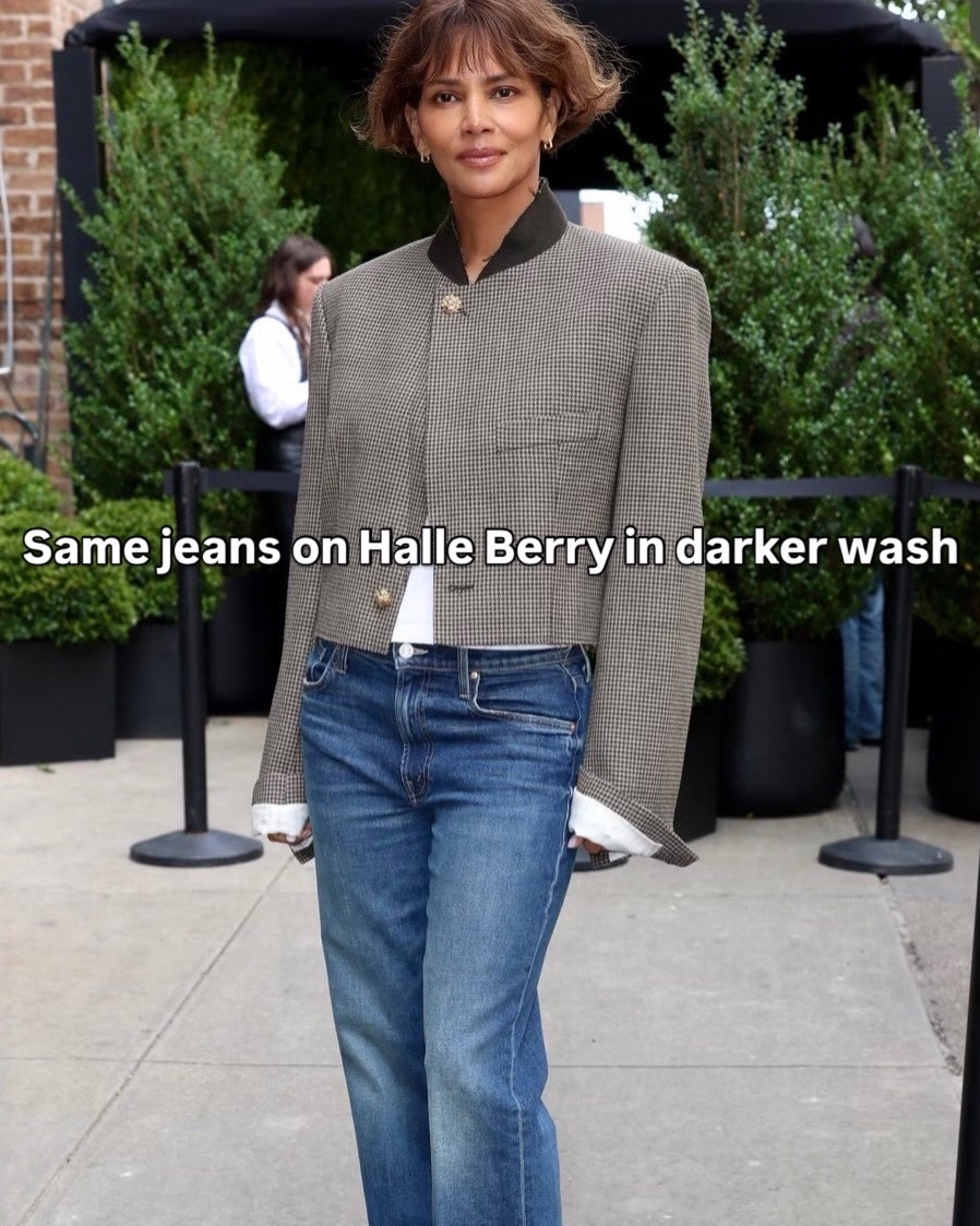 Halle Berry’s jeans are a favorite of mine! On sale too. I’m wearing them in my normal size different color and she’s wearing them oversized