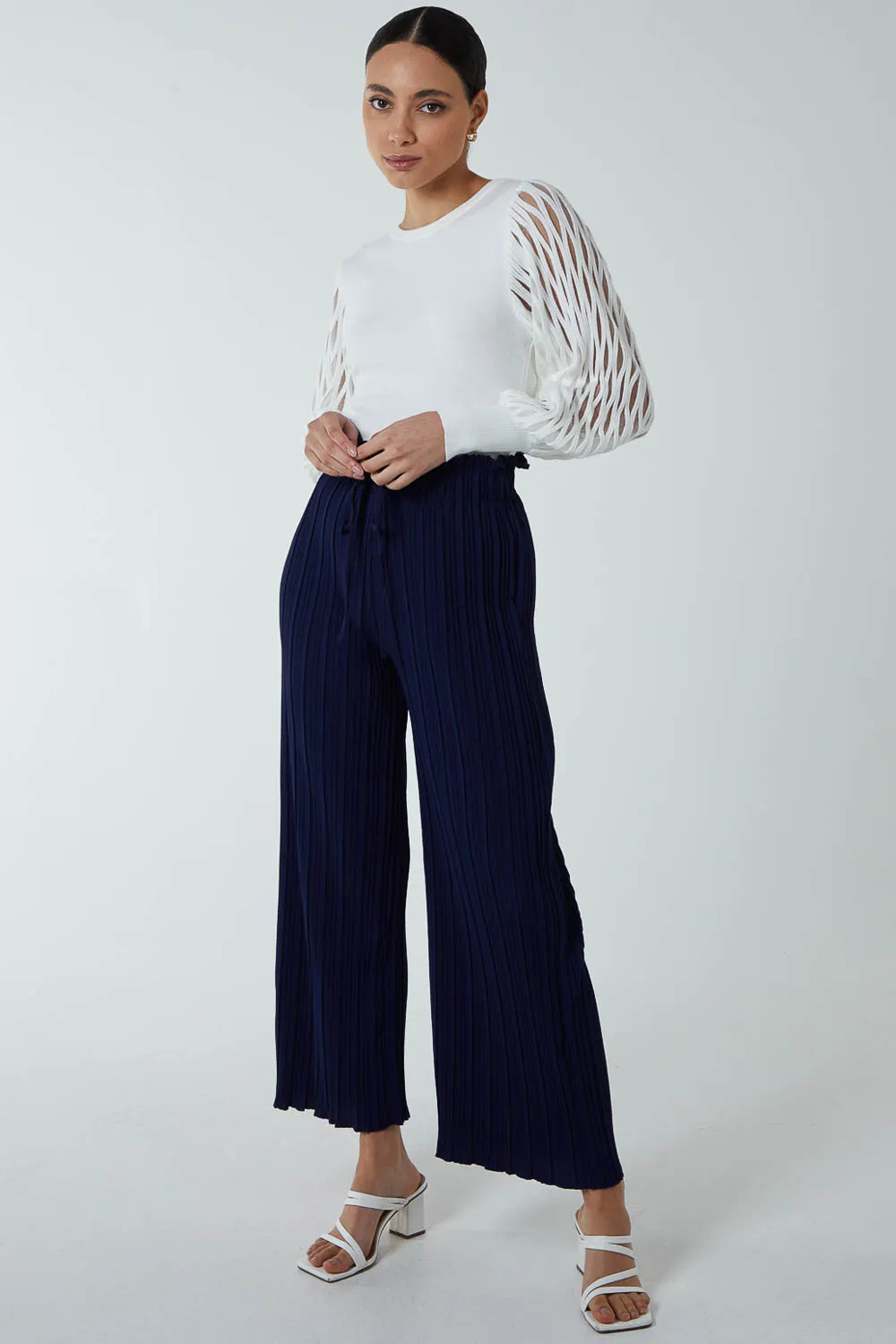 Navy Blue Vanilla Wide Leg Pleated Trousers | Boohoo | Boohoo.com (UK & IE)