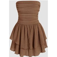 Strapless Textured Ruffle Mini Dress, Brown | PrettyLittleThing UK