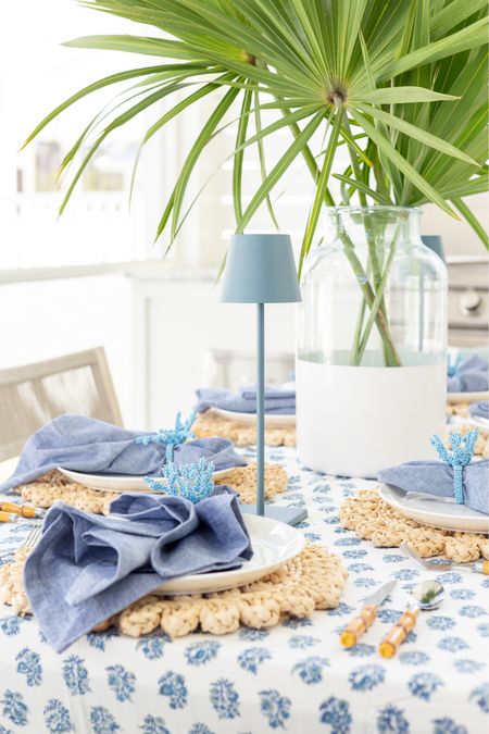 I’m loving our coastal blue block print tablescape! Includes a blue block print tablecloth, slate blue cordless rechargeable LED lamps, blue napkins, raffia chargers, coral napkin rings, bamboo style flatware and a block print vase! 

. coastal holiday tablescape, thanksgiving tablescape ideas

#ltkhome #ltkseasonal #ltksalealert #ltkstyletip #ltkholiday #ltkfindsunder100 #ltkfindsunder50   #LTKsalealert #LTKhome

#LTKHome #LTKSeasonal #LTKSaleAlert