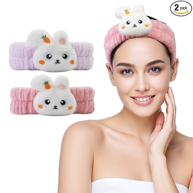 Kawaii Spa Headbands for Women Girls - 2 Pack Cute Bunny Soft Fleece Facial Headbands for Makeup,... | Amazon (US)