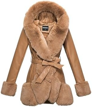 GRAN ORIENTE Women's Faux Leather Coat with Faux Fur Collar,Winter Warm Belted Mid Length Trim Ja... | Amazon (US)