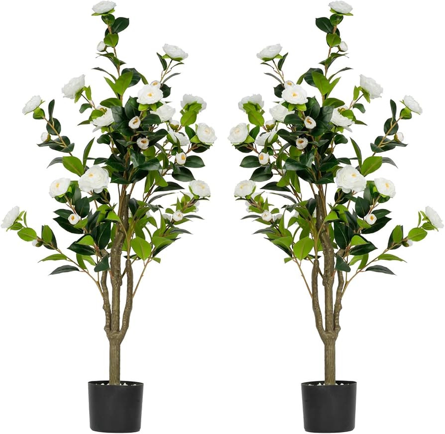 45" Artificial Camellia Tree 2 Pack Large Blooming Tree in Pot with White Flowers, 3.75ft Faux Fl... | Amazon (US)