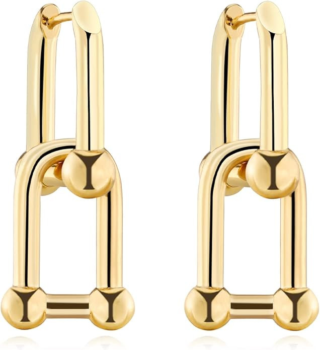 18K Gold Plated Ball Hoop Earrings for Women, U-shaped Chain Double Link Earrings Chunky Circle H... | Amazon (US)