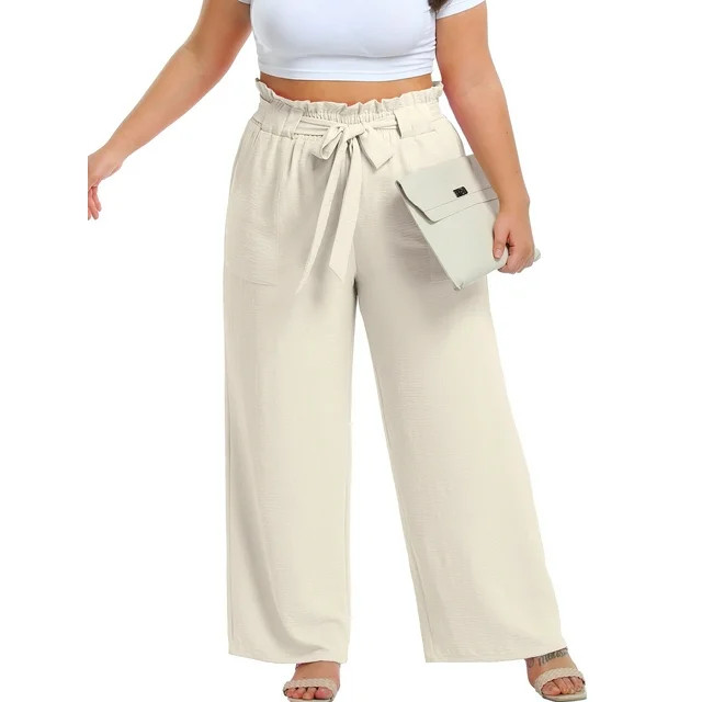 Cueply Womens Wide Leg Pants Plus Size Elastic Tie Knot Lounge Pants Loose Trousers with Pockets | Walmart (US)