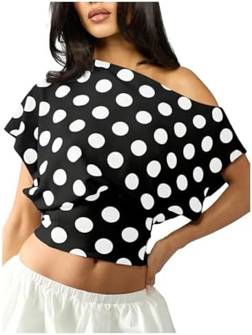 Floerns Women's Polka Dots Off Shoulder Crop Top Short Dolman Sleeveless Elegant Blouses | Amazon (US)