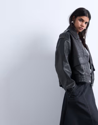 Topshop short bubble faux leather bomber jacket in black | ASOS | ASOS (Global)