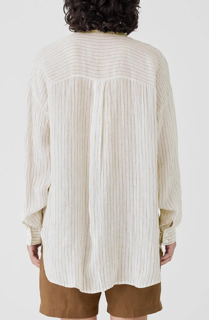 Eileen Fisher Stripe Classic Collar Organic Linen Button-Up Shirt | Nordstrom | Nordstrom