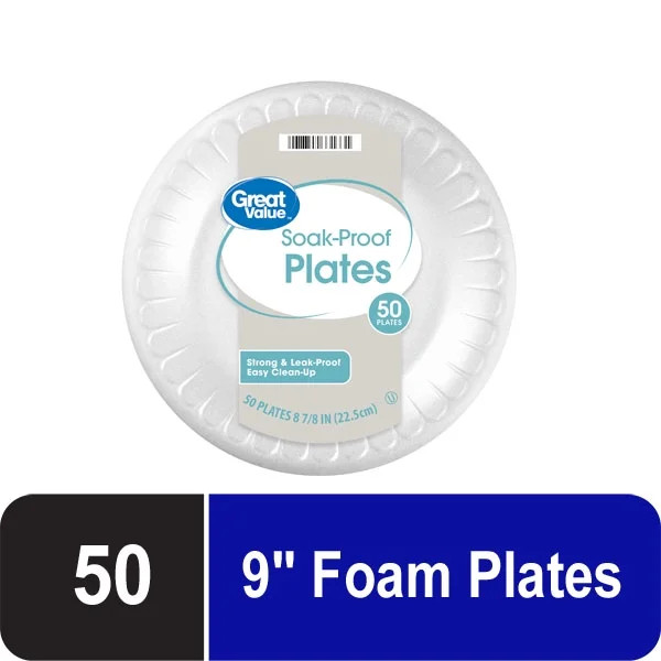 Great Value Everyday Disposable Foam Plates, 9 in, 50 ct - Walmart.com | Walmart (US)