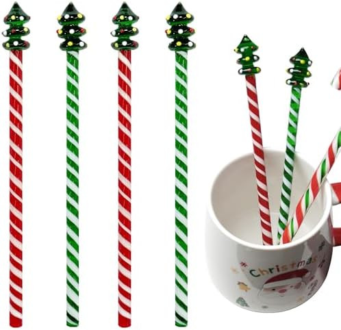Christmas Tree Glass Stir Sticks - 6.88" Cute Swizzle Stick for Coffee & Cocktails - Festive Red,... | Amazon (US)