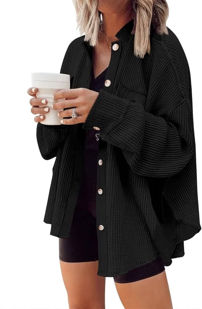 DARKRANI Women's Waffle Knit Shacket Boyfriend Shirt Jacket Long Sleeve Blouse Button Down Oversi... | Amazon (US)