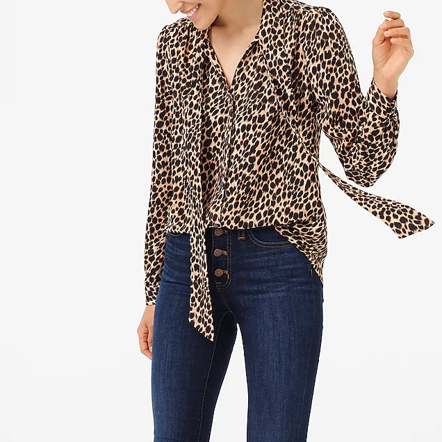 Long-sleeve leopard drapey tie-neck top | J.Crew Factory