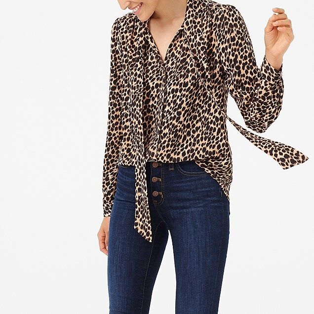 Long-sleeve leopard drapey tie-neck top | J.Crew Factory