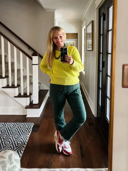 Color combination idea // chartreuse, hunter green, pink 
Outfit of the day - madewell straight leg utility pant, Nike air max sneakers, JCrew fisherman sweater, red heart stud earrings, layered necklaces 
❤️ Claire Lately 

#LTKmidsize #LTKfindsunder100 #LTKstyletip