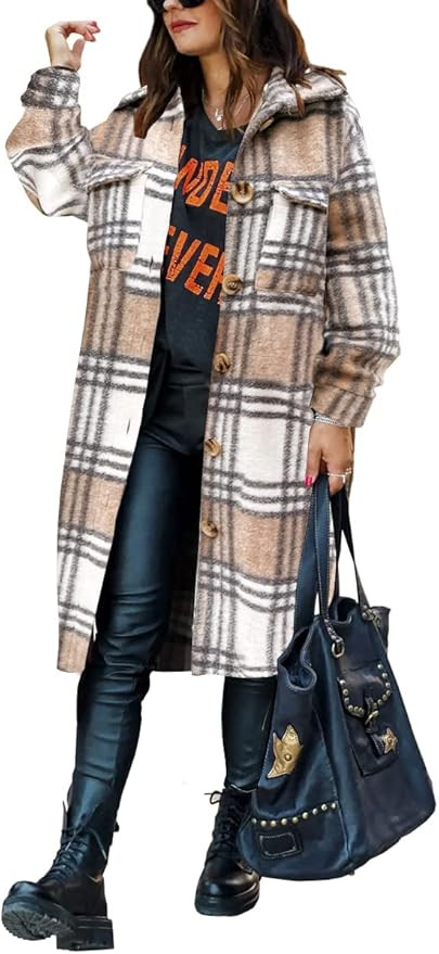 Yousify Womens Oversize Plaid Lapel Brushed Button Down Pocketed Long Shirt Jacket Shacket Coat | Amazon (US)