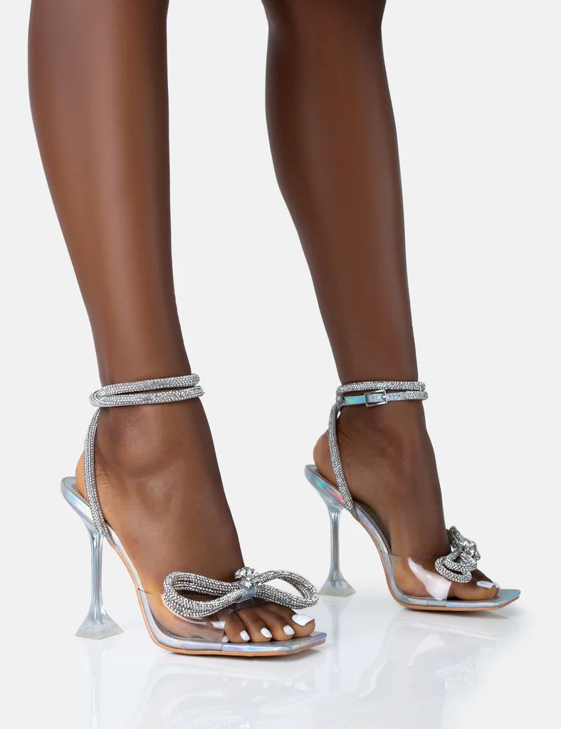Glimmer Silver Holographic Perspex Wrap Around Diamante Bow Square Toe Heels | Public Desire