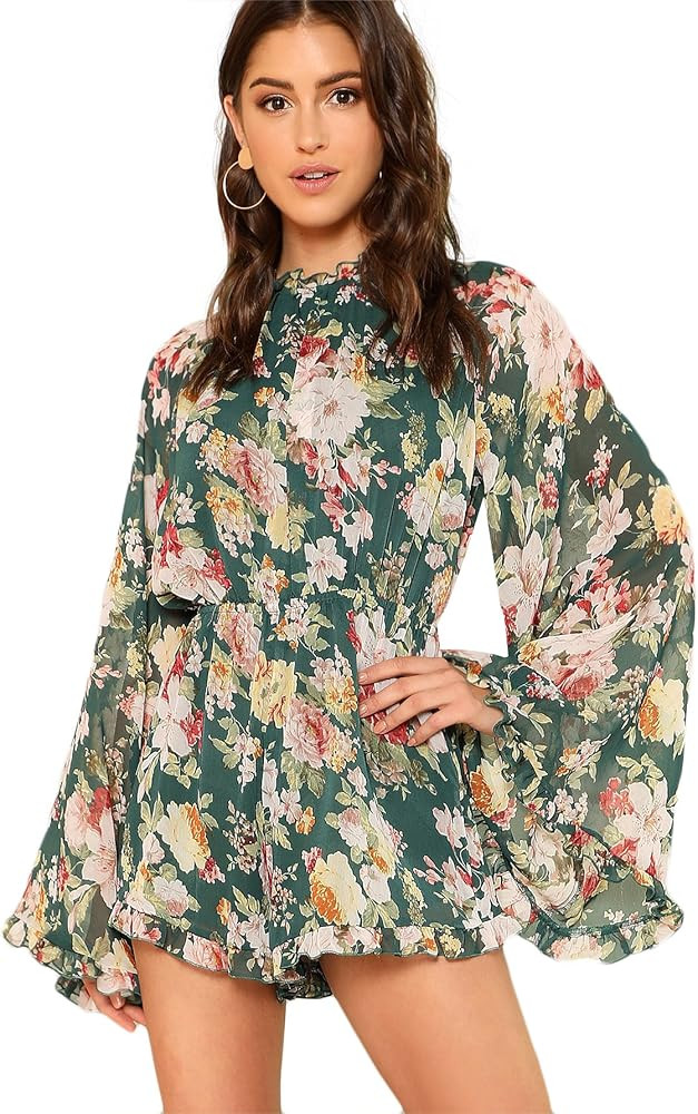 Women's Floral Printed Ruffle Bell Sleeve Loose Fit Jumpsuit Rompers | Amazon (US)