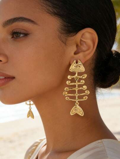 ZA 3D Embossed Alloy Metal Fish Dangle Earrings For Women | Gold/Silver Vintage Punk Boho Beach V... | SHEIN