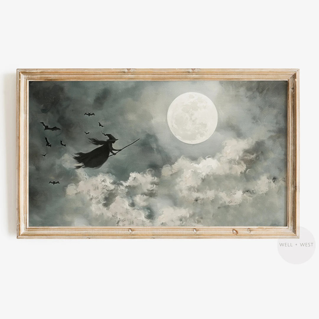 Halloween Frame TV Art Vintage Witch on Broomstick Oil Painting Spooky Full Moon Art Samsung Fram... | Etsy (US)